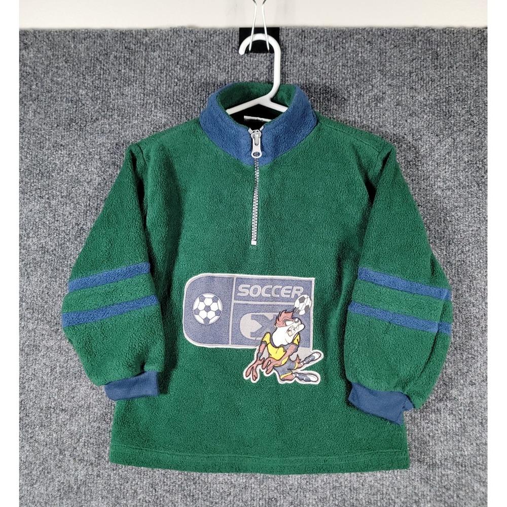 Vintage 90s Looney Tunes Sweatshirt Size 3T Green Tasmanian Devil Soccer 1/4 Zip